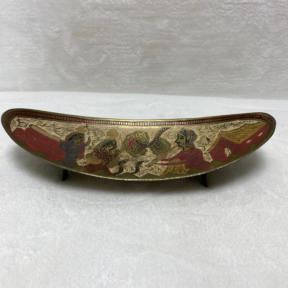 Vintage Decorative Brass Tray Hand Painted Figurines Snake Scene